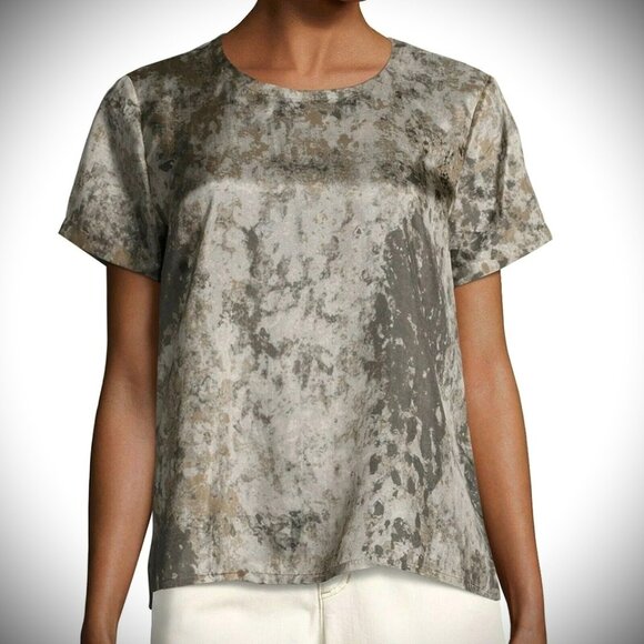 Eileen Fisher Gray and Cream Blouse - Picture 1 of 10